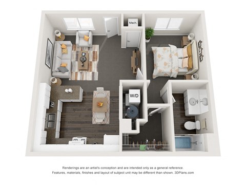 Floor plan for 1 bed, 1 bath, 621 sqft